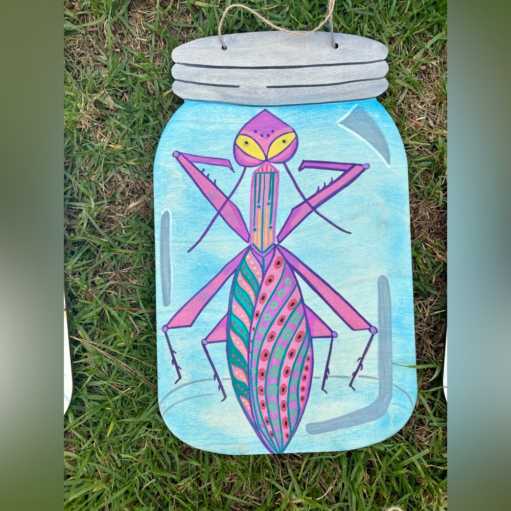 Hand-Painted Pink & Teal Praying Mantis Wall Art